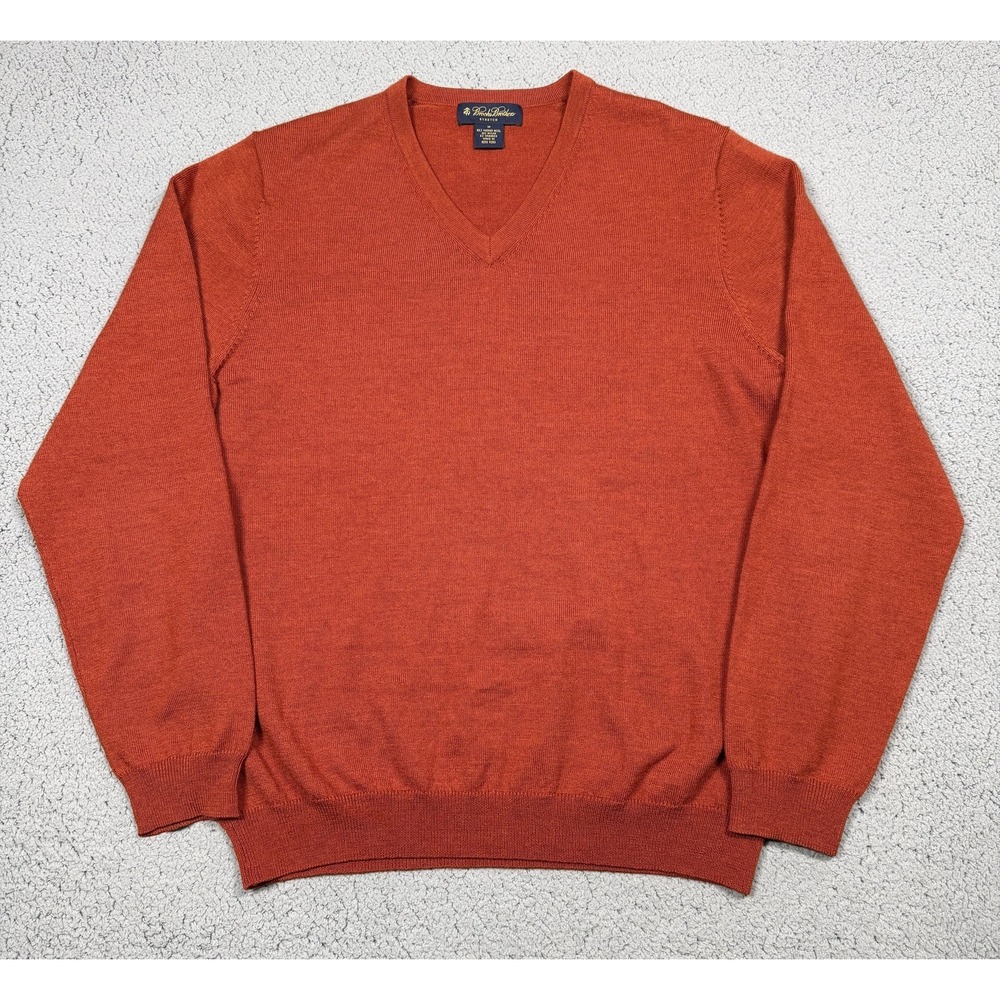 Brooks Brothers Sweater Mens Medium Orange Merino‎ Wool Stretch V Neck Pullover